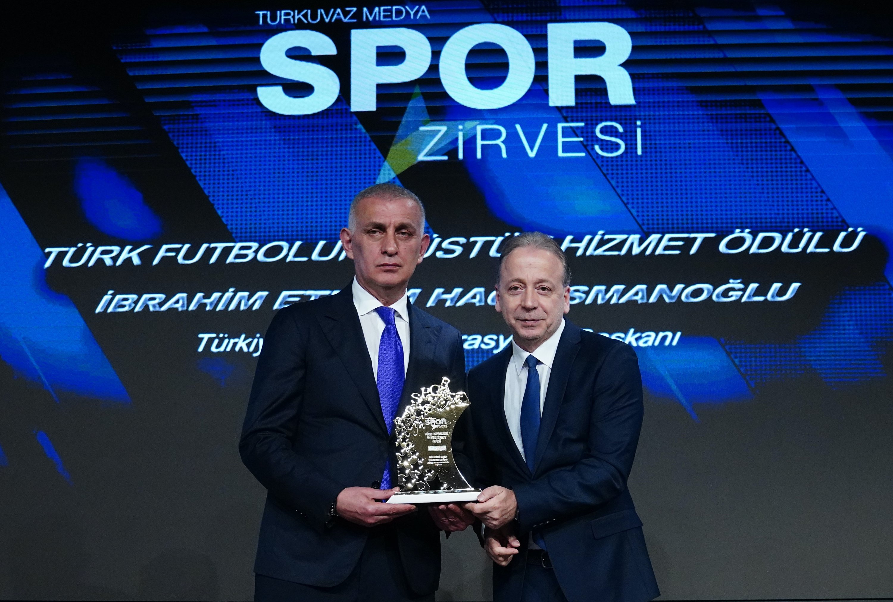 Turkish Football Federation (TFF) President Ibrahim Hacıosmanoğlu poses for a photo after receiving an award during the Turkuvaz Media Sports Summit at Turkuvaz Media Center, Istanbul, Türkiye, Nov. 11, 2025. (Courtesy of Turkuvaz Media)