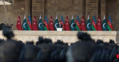 President Recep Tayyip Erdoğan delivers a speech at a ceremony marking the country’s Victory Day, Baku, Azerbaijan, Nov. 8, 2025. (IHA Photo)