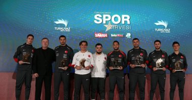 Members of Türkiye’s national football team pose with their awards during the Turkuvaz Media Sports Summit 2025, Istanbul, Türkiye, Nov. 11, 2025. (Courtesy of Turkuvaz Media)