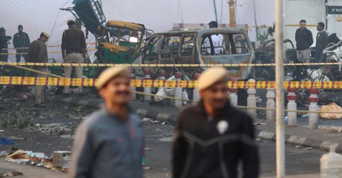 Security personnel work at the site of an explosion near the historic Red Fort in the old quarters of Delhi, India, Nov. 11, 2025. (Reuters Photo)