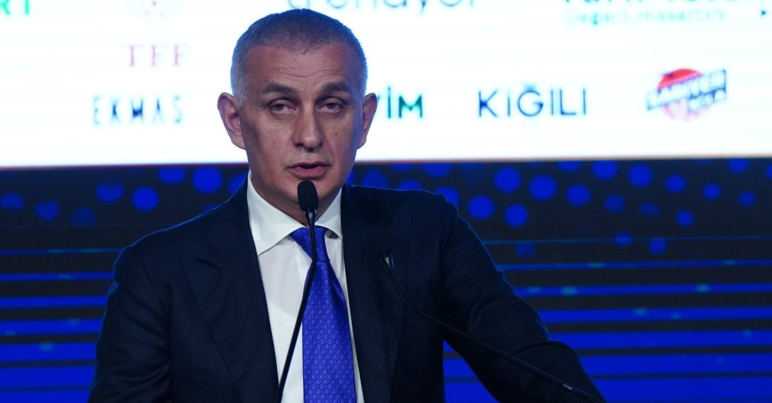 Turkish Football Federation (TFF) President Ibrahim Hacıosmanoğlu speaks during the Turkuvaz Media Sports Summit at Turkuvaz Media Center, Istanbul, Türkiye, Nov. 11, 2025. (Courtesy of Turkuvaz Media)