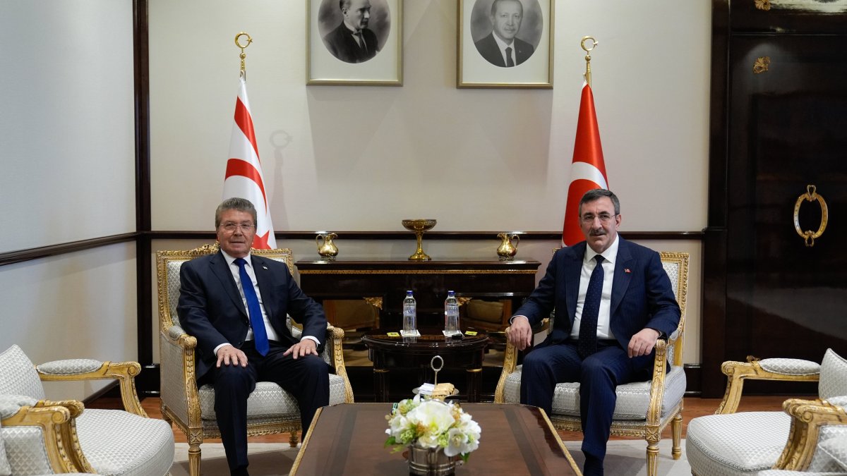 Vice President Cevdet Yılmaz meets with TRNC Prime Minister Unal Ustel at the Presidential Complex, Ankara, Türkiye, Nov. 11, 2025. (AA Photo)