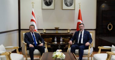 Vice President Cevdet Yılmaz meets with TRNC Prime Minister Unal Ustel at the Presidential Complex, Ankara, Türkiye, Nov. 11, 2025. (AA Photo)