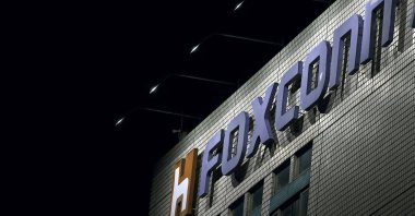 The logo of Foxconn is seen outside the company&#039;s building in Taipei, Taiwan, Nov. 10, 2022. (Reuters Photo)
