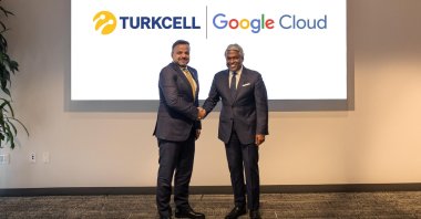 In this photo released on Nov. 12, 2025, Turkcell CEO Ali Taha Koç (L) and Google Cloud CEO Thomas Kurian shake hands in San Francisco, California, U.S. (Turkcell/AA Photo)