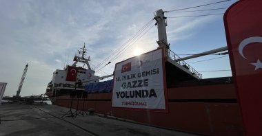 The 18th Goodness Ship, loaded with humanitarian aid bound for Gaza, before departure at the port, Mersin, southern Türkiye, Nov. 12, 2025. (Photo by Amez Ahmed)