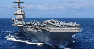 The USS Gerald R. Ford is seen at an undisclosed location in the Atlantic Ocean, April 13, 2022. (DHA Photo)