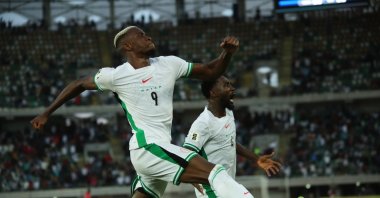 Nigeria&#039;s Victor Osimhen celebrates after scoring his side&#039;s third goal during a World Cup Group C qualifying match between Nigeria and Benin, Uyo, Nigeria, Oct. 14, 2025. (AP Photo)