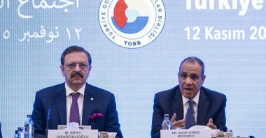 Egyptian Foreign Minister Badr Abdelatty (R) and TOBB President Rifat Hisarcıklıoğlu attend the Türkiye-Egypt roundtable meeting, Ankara, Türkiye, Nov. 12, 2025. (AA Photo)