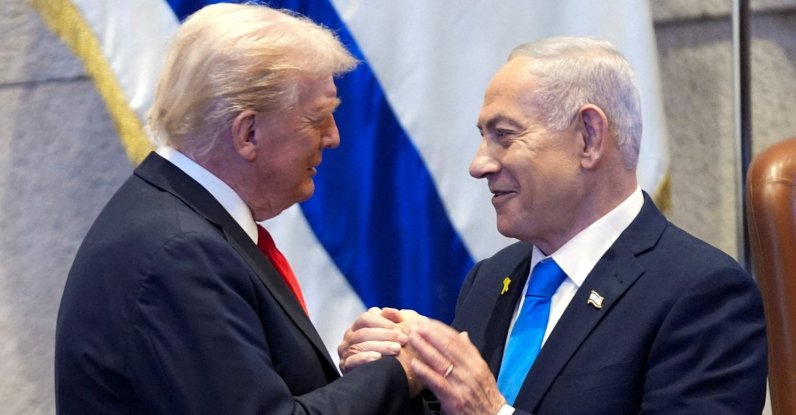 U.S. President Donald Trump talks with Israel&#039;s Prime Minister Benjamin Netanyahu at the Knesset, in Jerusalem, Israel, Oct. 13, 2025. (Reuters Photo)