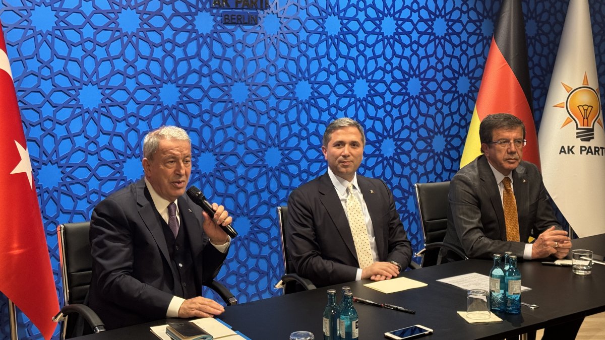 AK Party Deputy Chairs Zafer Sırakaya (C) and Nihat Zeybekci (R) join National Defense Committee Chair Hulusi Akar to meet with representatives of Turkish civil society groups, Berlin, Germany, Nov. 12, 2025. (AA Photo)