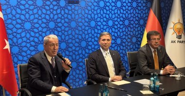 AK Party Deputy Chairs Zafer Sırakaya (C) and Nihat Zeybekci (R) join National Defense Committee Chair Hulusi Akar to meet with representatives of Turkish civil society groups, Berlin, Germany, Nov. 12, 2025. (AA Photo)