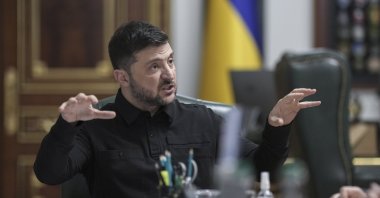 Ukrainian President Volodymyr Zelenskyy speaks to the media in Kyiv, Ukraine, Nov. 3, 2025. (EPA Photo)