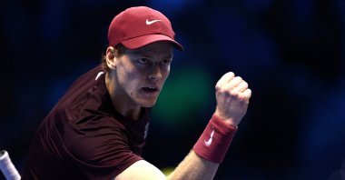 Italy&#039;s Jannik Sinner celebrates winning the first set during his ATP Finals group stage match against Germany&#039;s Alexander Zverev at the Palasport Olimpico, Turin, Italy, Nov. 12, 2025. (Reuters Photo)