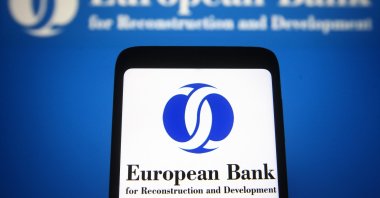 In this photo illustration, the European Bank for Reconstruction and Development (EBRD) logo is seen on a smartphone screen on Nov. 4, 2021. (Reuters Photo)