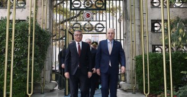Turkish Republic of Northern Cyprus (TRNC) President Tufan Erhürman (L) and Parliament Speaker Numan Kurtulmuş (R) are seen at Parliament, Ankara, Türkiye, Nov. 13, 2025. (AA Photo)