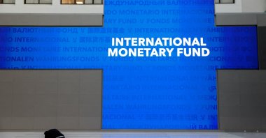 The IMF prior to the arrival of Ukraine&#039;s President Volodymyr Zelenskyy and International Monetary Fund Managing Director Kristalina Georgieva in Washington, U.S., Dec. 11, 2023. (Reuters Photo)