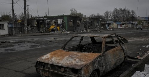 A damaged car lies in the frontline town of Pokrovsk, in Dnipropetrovsk region, Ukraine, Nov. 11, 2025. (Reuters Photo)