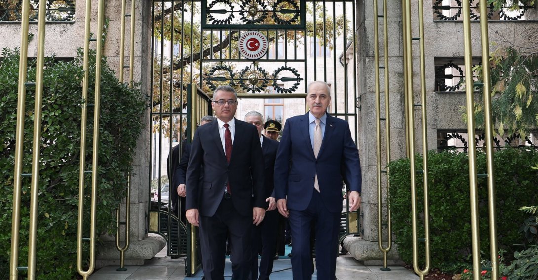 Turkish Republic of Northern Cyprus (TRNC) President Tufan Erhürman (L) and Parliament Speaker Numan Kurtulmuş (R) are seen at Parliament, Ankara, Türkiye, Nov. 13, 2025. (AA Photo)