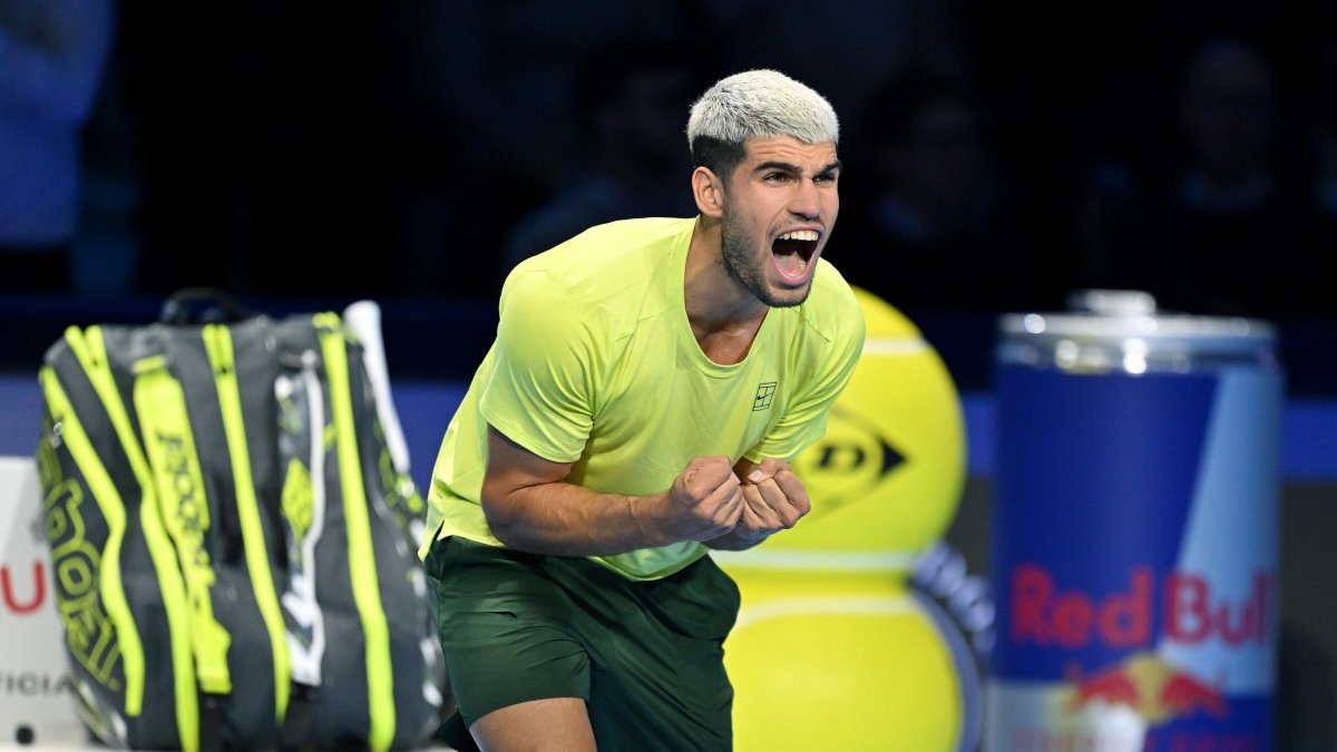 Spain's Carlos Alcaraz celebrates winning against Italy's Lorenzo Musetti after their Men's Singles Round Robin tennis match at the ATP Finals, Turin, Italy, Nov. 13, 2025. (EPA Photo)