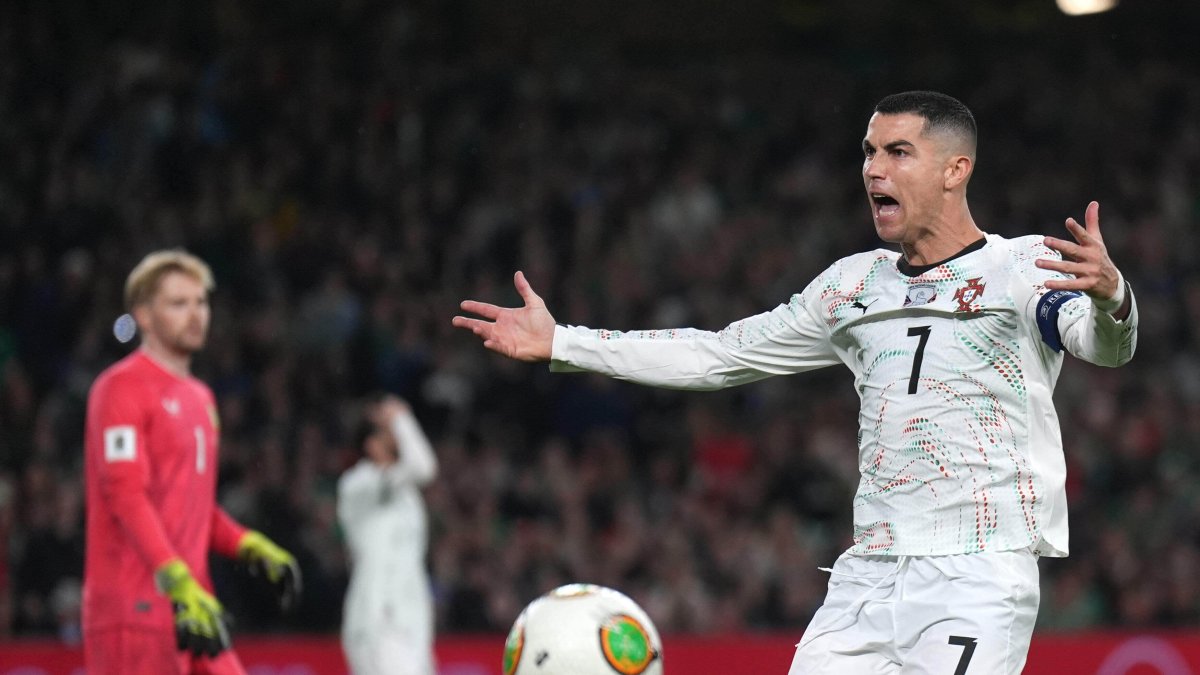 Portugal's Cristiano Ronaldo reacts during a World Cup 2026 group F qualifying soccer match between Ireland and Portugal, Dublin, Ireland, Nov. 13, 2025. (AP Photo)