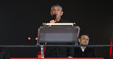 Özgür Özel, chairperson of the main opposition Republican People’s Party (CHP), speaks at a rally after new developments in a corruption case, Ümraniye, Istanbul, Türkiye, Nov. 5, 2025. (AA Photo)