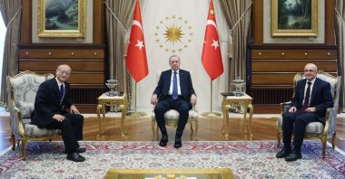 President Recep Tayyip Erdoğan receives Asian Development Bank Masato Kanda (L) and Treasury and Finance Minister Mehmet Şimşek (R), Ankara, Türkiye, Nov. 13, 2025. (AA Photo)