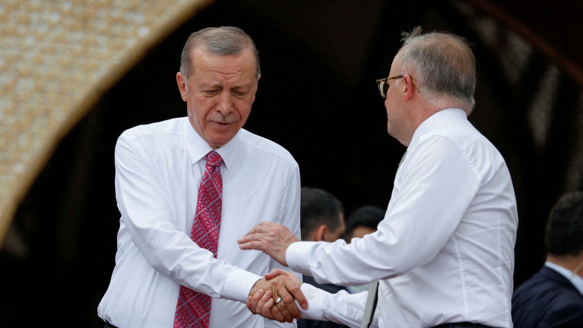 President Recep Tayyip Erdoğan shakes hands with Australian Prime Minister Anthony Albanese before a MIKTA photo session amid the G-20 leaders' summit in Nusa Dua, Bali, Indonesia, Nov. 15, 2022. (Reuters Photo)