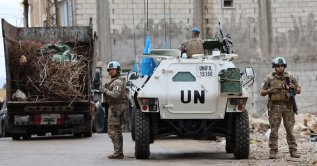 Peacekeepers of the U.N. Interim Force in Lebanon (UNIFIL) patrol in El Hamames area of southern Lebanon, close to the border with Israel, Nov. 15, 2025. (AA Photo)