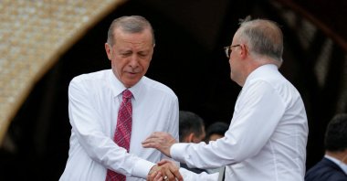 President Recep Tayyip Erdoğan shakes hands with Australian Prime Minister Anthony Albanese before a MIKTA photo session amid the G-20 leaders&#039; summit in Nusa Dua, Bali, Indonesia, Nov. 15, 2022. (Reuters Photo)