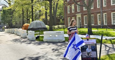 Rotem Spiegler, an alumni of Harvard University, stands near an encampment set up at the university to protest the war in Gaza, Cambridge, Massachusetts, U.S., May 14, 2024. (AP Photo)