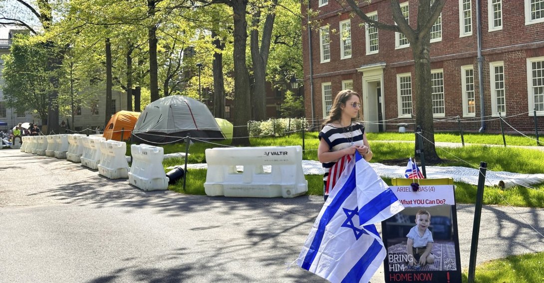 Rotem Spiegler, an alumni of Harvard University, stands near an encampment set up at the university to protest the war in Gaza, Cambridge, Massachusetts, U.S., May 14, 2024. (AP Photo)