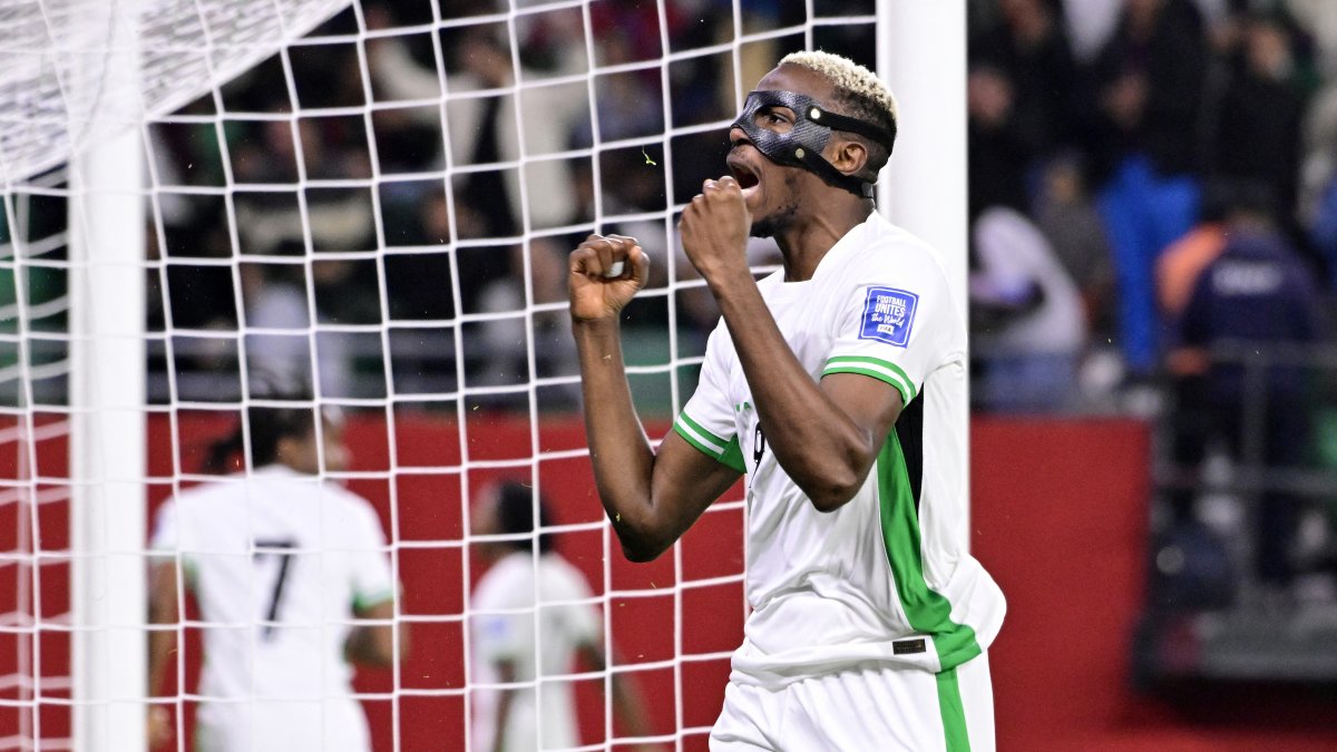 Nigeria's Victor Osimhen celebrates after Frank Onyeka's goal during the FIFA World Cup CAF Qualifiers playoffs final match against the Democratic Republic of Congo at the Prince Moulay Hassan Stadium, Rabat, Morocco, Nov. 16, 2025. (Reuters Photo)