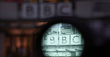 A viewfinder of a camera set up at the entrance outside the offices of the BBC, London, U.K., Nov. 10, 2025. (AFP Photo)