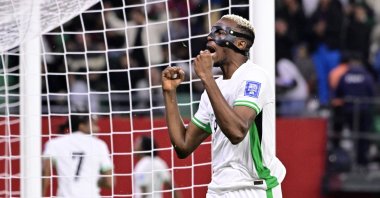 Nigeria&#039;s Victor Osimhen celebrates after Frank Onyeka&#039;s goal during the FIFA World Cup CAF Qualifiers playoffs final match against the Democratic Republic of Congo at the Prince Moulay Hassan Stadium, Rabat, Morocco, Nov. 16, 2025. (Reuters Photo)
