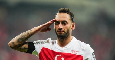 Turkish midfielder Hakan Calhanoğlu celebrates after scoring a penalty during a FIFA World Cup 2026 European qualifier against Bulgaria, Bursa, Türkiye, Nov. 15, 2025. (AA Photo)