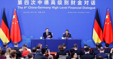 German Vice Chancellor and Finance Minister Lars Klingbeil (L) and China’s Vice Premier He Lifeng (R) deliver their statements after a Fourth China-Germany High-Level Financial Dialogue at Diaoyutai State Guesthouse in Beijing, China, Nov. 17, 2025. (EPA Photo)