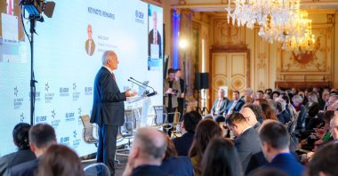 Nail Olpak, head of the Foreign Economic Relations Board (DEIK), addresses the EU-Türkiye Business Summit, Brussels, Belgium, Nov. 17, 2025. (Courtesy of DEIK)