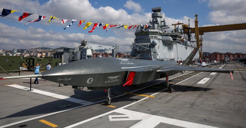 Bayraktar Kızılelma, an unmanned fighter aircraft developed by Turkish defense firm Baykar, stands on the deck of the TCG Anadolu, Istanbul, Türkiye, Aug. 29, 2025. (Reuters Photo)