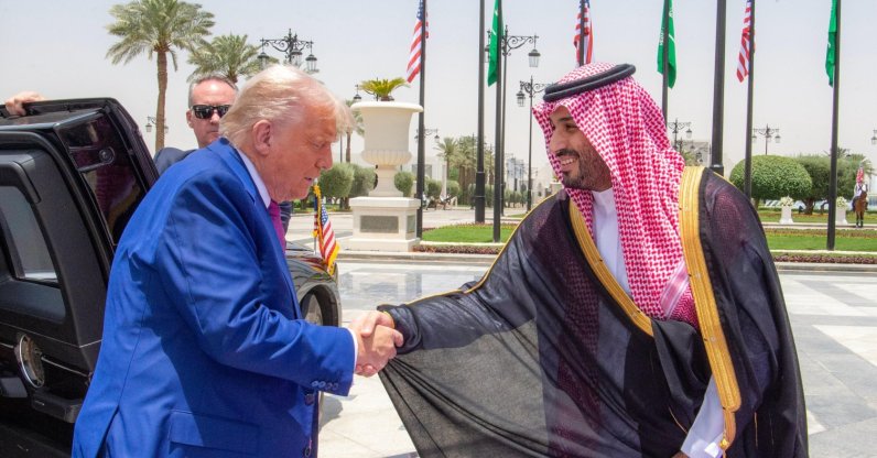 Saudi Crown Prince and Prime Minister Mohammed bin Salman Al Saud (R) welcomes visiting U.S. President Donald Trump in Riyadh, Saudi Arabia, May 13, 2025. (Saudi Press Agency/Handout via Xinhua via DHA)