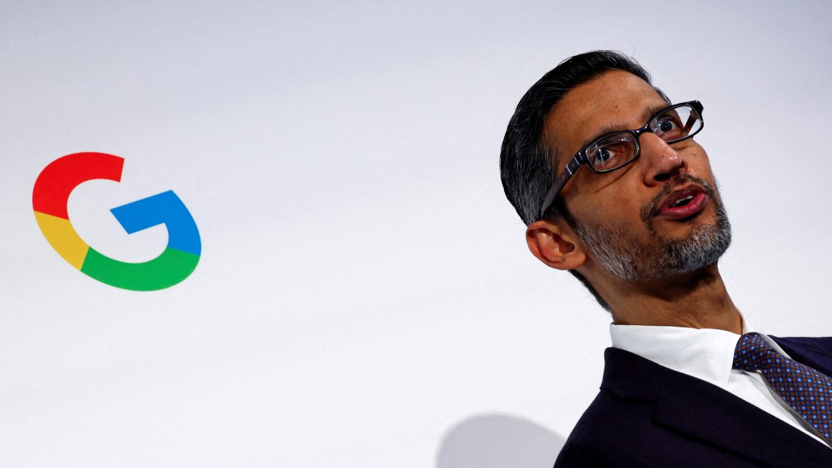 Sundar Pichai, CEO of Google and Alphabet, delivers a speech during the inauguration of a new hub in France dedicated to the AI sector, Google France headquarters, Paris, France, Feb. 15, 2024. (Reuters Photo)