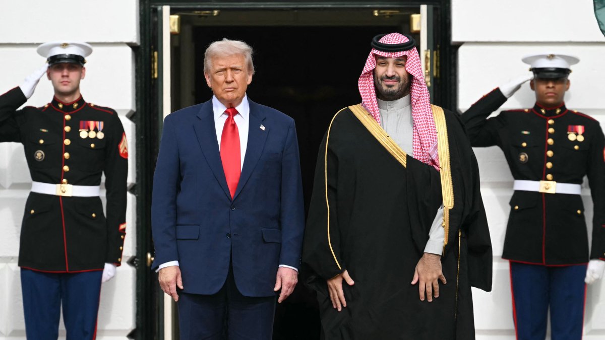 U.S. President Donald Trump greets Crown Prince and Prime Minister of the Kingdom of Saudi Arabia Mohammed bin Salman on the South Lawn at the White House in Washington, D.C., Nov. 18, 2025. (AFP Photo)