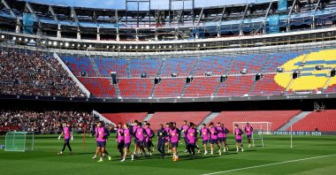 General view of FC Barcelona players during training after the reopening of Spotify Camp Nou, Barcelona, Spain, Nov. 7, 2025. (Reuters Photo)