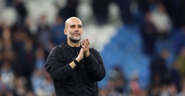 Manchester City manager Pep Guardiola greets their supporters after the English Premier League match between Manchester City and Liverpool FC, at the Etihad Stadium, Manchester, U.K., Nov. 9, 2025. (EPA Photo)