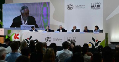(2nd L to R) Brazil&#039;s Secretary for Climate, Energy and Environment at the Foreign Ministry Mauricio Lyrio; COP30 President Andre Correa do Lago; Brazil&#039;s Vice President and Minister of Industry and Trade Geraldo Alckmin; Brazil&#039;s Environment Minister Marina Silva; and COP30 CEO Ana Toni give a press conference during the COP30 U.N. Climate Change Conference, Belem, Brazil, Nov. 17, 2025. (AFP Photo)