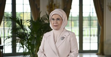 Emine Erdoğan delivers a video message highlighting the importance of strengthening family institutions at the Growing Europe 2025 International Summit, Ankara, Türkiye, Nov. 6, 2025. (AA Photo)