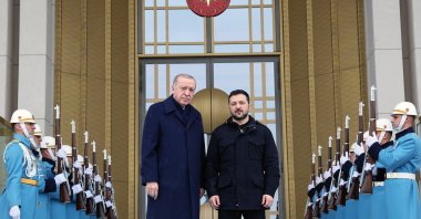 President Recep Tayyip Erdoğan and Ukrainian President Volodymyr Zelenskyy pose for a photograph in Ankara, Türkiye, Feb. 18, 2025. (EPA File Photo)