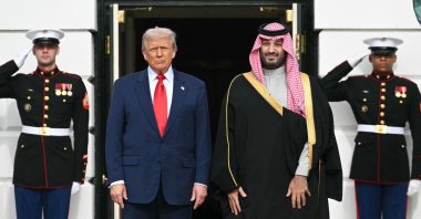 U.S. President Donald Trump greets Crown Prince and Prime Minister of the Kingdom of Saudi Arabia Mohammed bin Salman on the South Lawn at the White House in Washington, D.C., Nov. 18, 2025. (AFP Photo)
