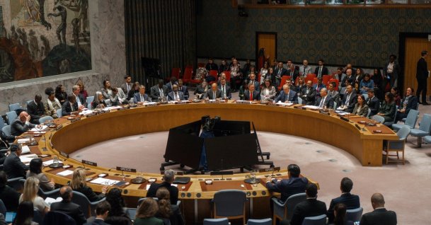 U.N. Security Council members sit at a round table in the Security Council Chamber at United Nations Headquarters in New York, Nov. 17, 2025. (EPA Photo)