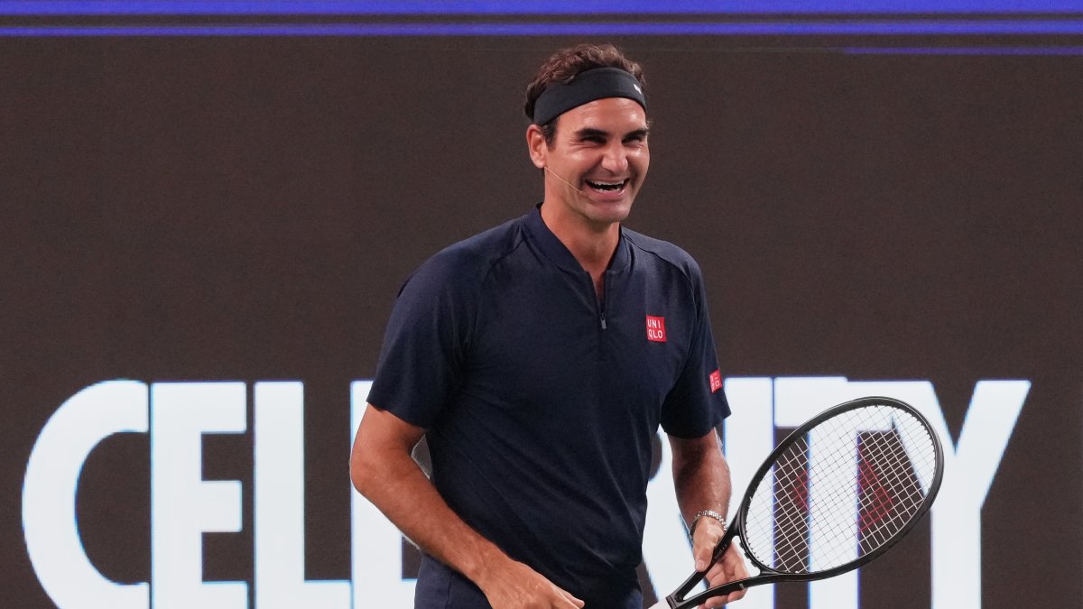 Roger Federer, Swiss former tennis player laughs as he plays at the Roger and Friends Celebrity Doubles during the Shanghai Masters tennis tournament at Qizhong Forest Sports City Tennis Center, Shanghai, China, Oct. 10, 2025. (AP Photo)